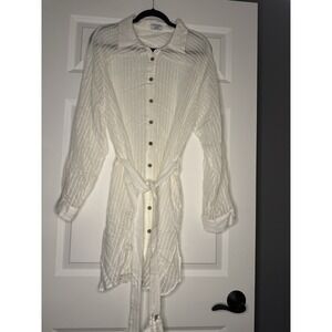 Coco Reef Swim Button Up Cover Up Shirt Dress W Belt Off White Sheer Xl Beach